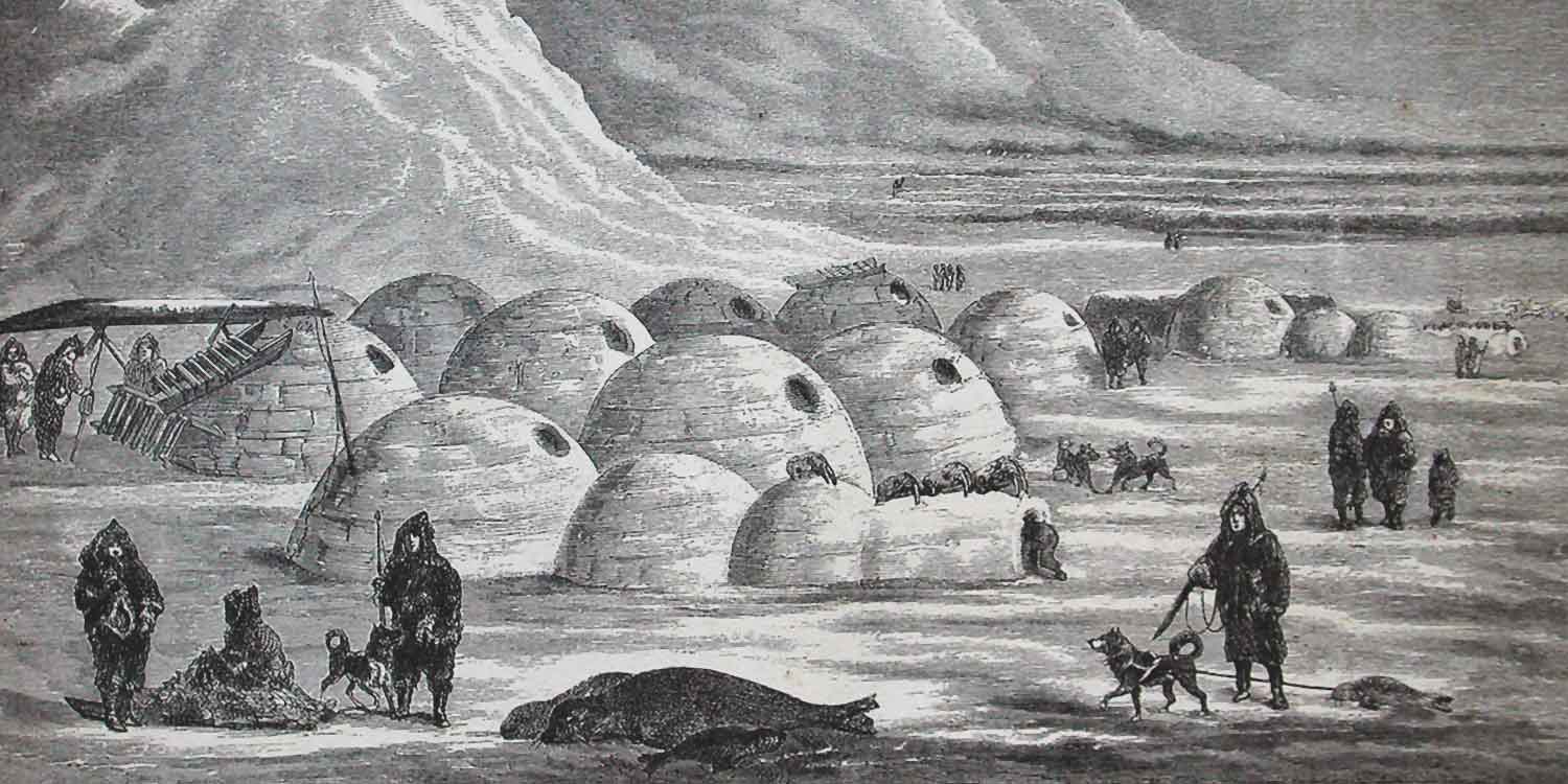 Illustration of an Inuit village near Frobisher Bay on Baffin Island.