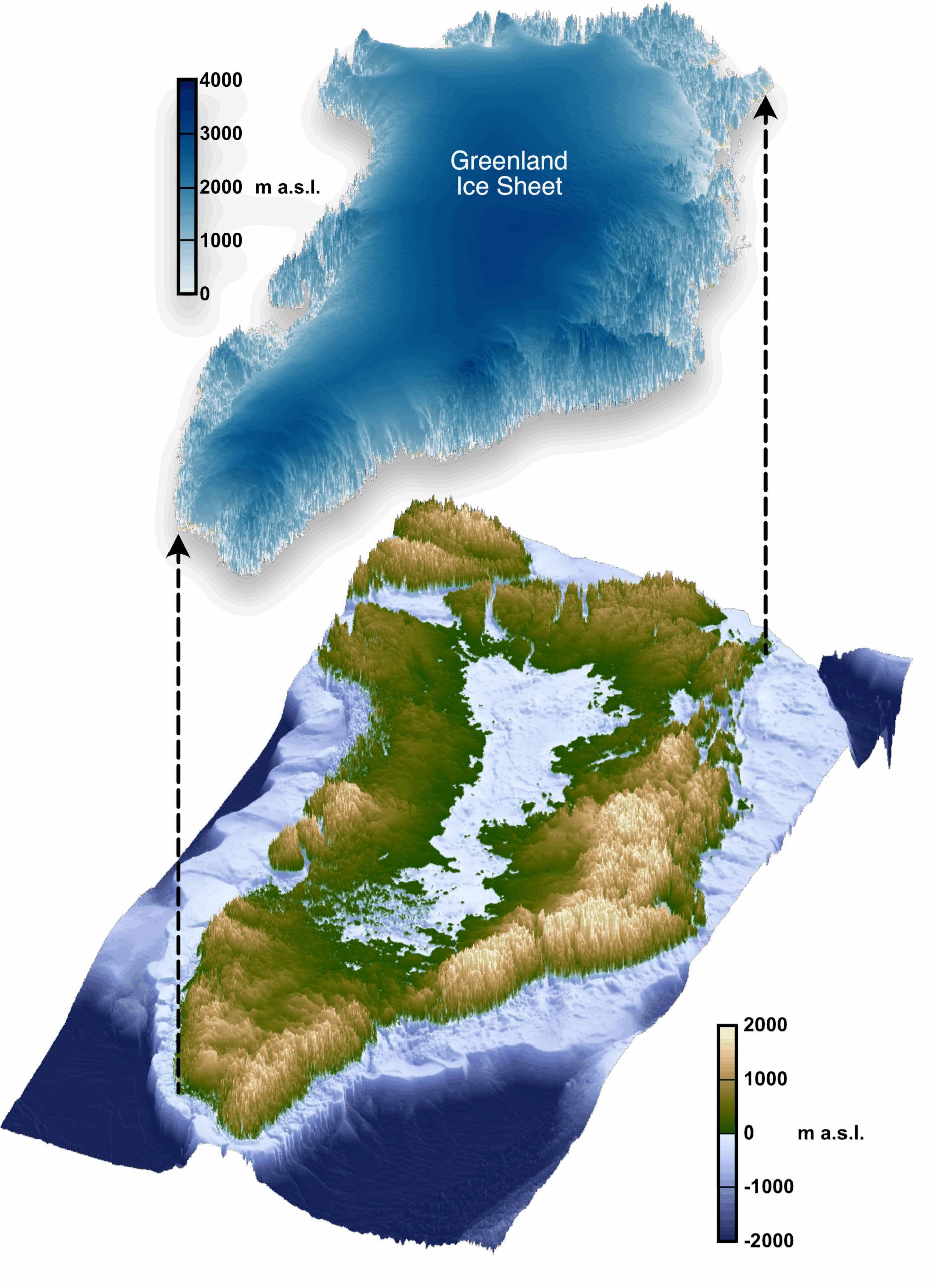 A representation of what Greenland would look like under the ice.
