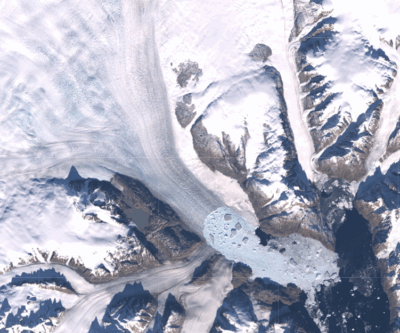 Satellite image of a tidewater glacier.
