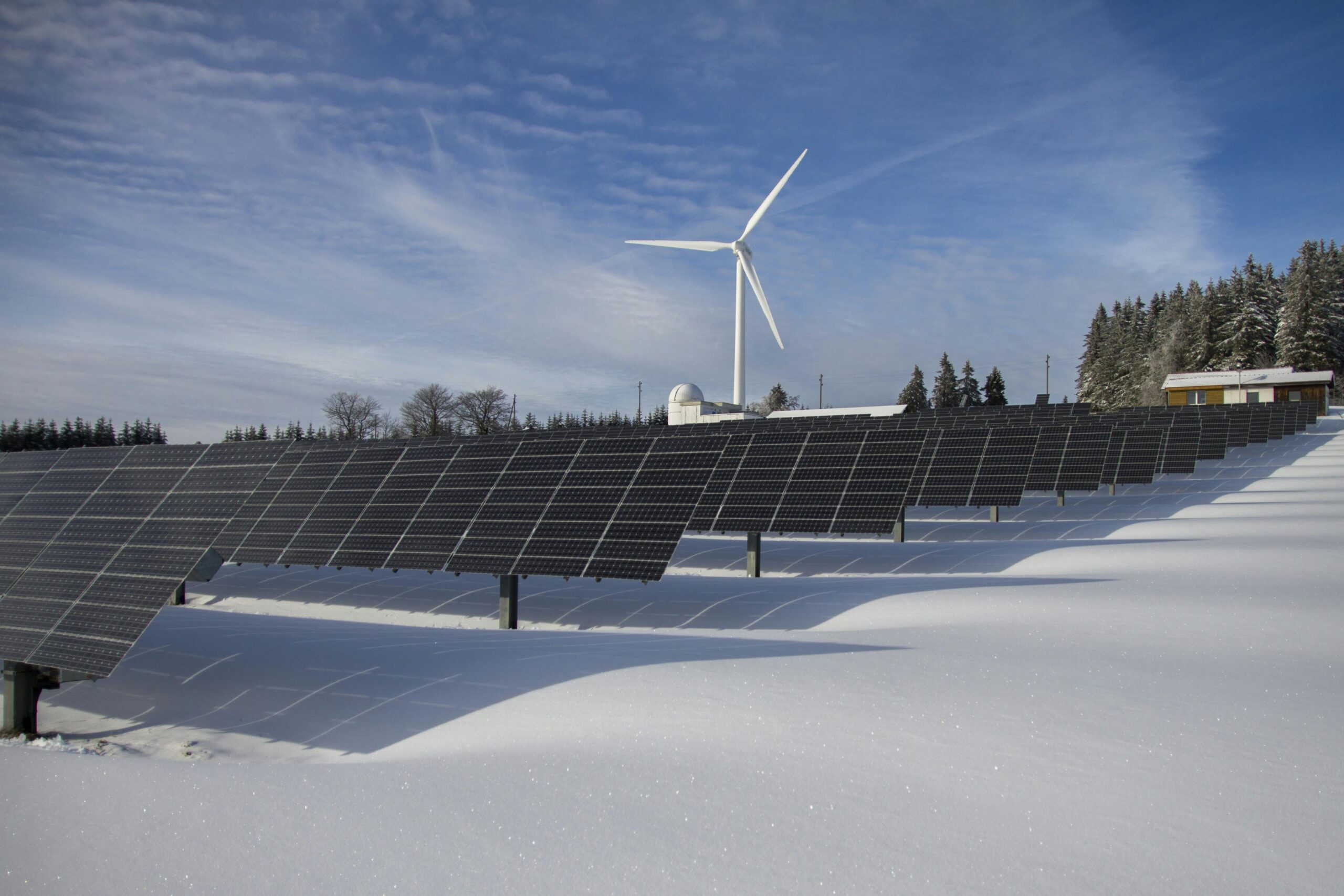 Wind Turbine and Solar Panels in the snow