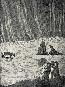 Facsimile of an old drawing of Lapps hunting by the Aurora Borealis