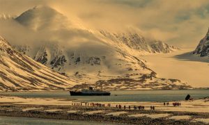 View of a tourist ship in a harbour in winter