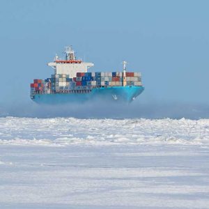 Container ship in icy water