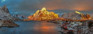 Golden light on mountains in the Lofoten Islands