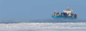 Container ship on icy sea