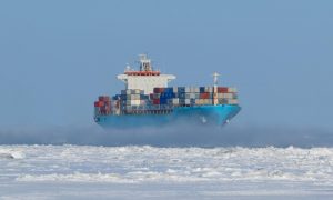 Container ship in icy seas