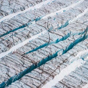 Aerial view of cracks in glacier ice