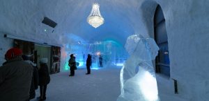 Wide view of ice hotel bar interior