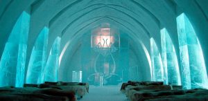 Green lit church at the ice hotel