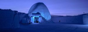 Ice hotel Ice bar entrance in blue light