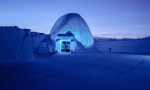 Ice hotel Ice bar entrance in blue light