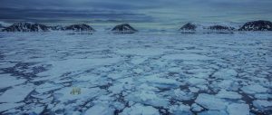 Distant view of Arctic mountains and sea ice with a polar bear