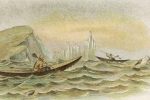 Old etching of an Inuit canoe hunt