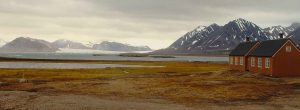 Buildings, tundra, icy rocks, Greenland