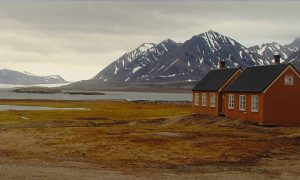 Buildings, tundra, icy rocks